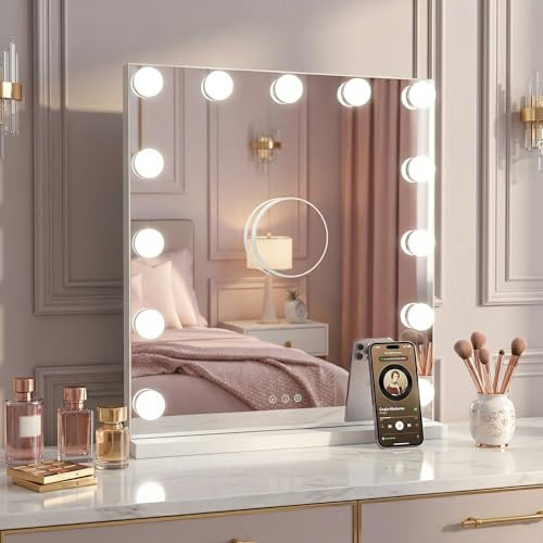 Oyajia Vanity Mirror, Dressing Table Mirror with Lights, Bluetooth Music Mirror, 58 x 48cm Light Up Make Up Vanity Mirror with Smart Touch 3 Colors Dimmable, Dressing Table,USB Charging Port, White