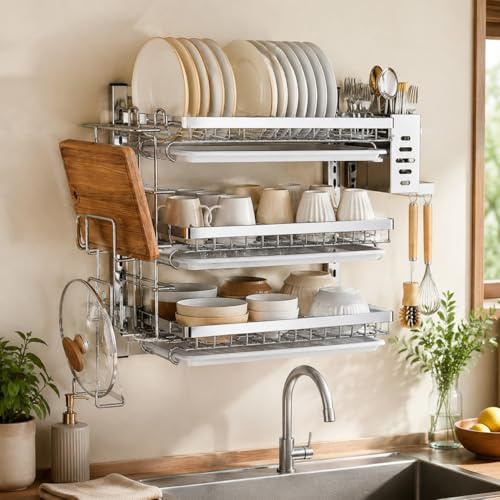 Estante para secar platos colgante de 2/3 niveles — Escurridor montado en la pared con altura ajustable, con escurridor, ganchos y soporte para cubiertos, instalación conveniente sin perforación