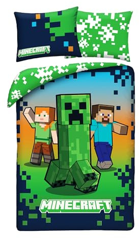 Minecraft Kinderbettwäsche 140x200 + Kissenbezug 70x90 Creeper Steve Alex | Wendebettwäsche Einzelbett | Mikrofaser schnelltrocknend Oeko-Tex | Zombie Panda Fox | Offizielle Lizenz | Geschenk