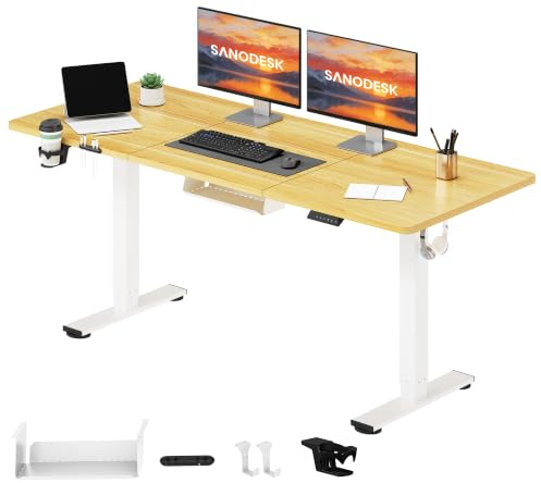 SANODESK Electric Standing Desk 160 * 60 Height Adjustable Desk With Memory Smart Panel Sit Stand Table With Cable Management for Home Office, Maple