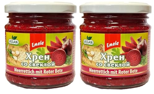 Emelja Meerrettich mit Roter Bete – 2er Pack à 200g – Rote Bete mit Meerrettich, fein gerieben, vegan, osteuropäische Spezialität