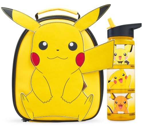 Get Trend Pokemon Pikachu 3D 2 Pezzi Set Pranzo per Bambini, Borsa Termica Porta Pranzo con Senza BPA 500 ml Borraccia, Ideale per Scuola, Gite, Viaggi e Idea Regalo Bambino (Giallo/Nero Pikachu)