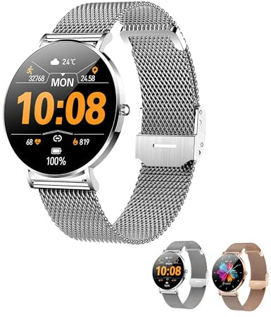 AAFGVC Emergency Ultra-Thin Pro Full Touch Screen SmartWatch-Smartwatch Damen Herzfrequenzmesser Schlafmonitor Bluetooth Anrufe IP68 Wasserdicht Fitness Tracker Für Täglichen Gebrauch (Silber)