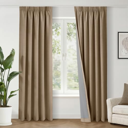 INOVADAY 100% Verdunklungsvorhänge Kräuselband 2 Stück 260x140cm,Braun | Gardinen mit Kräuselband Wohnzimmer für Schienensystem, Vorhang Blickdicht Leinenoptik, Thermovorhang Schlafzimmer, OEKO