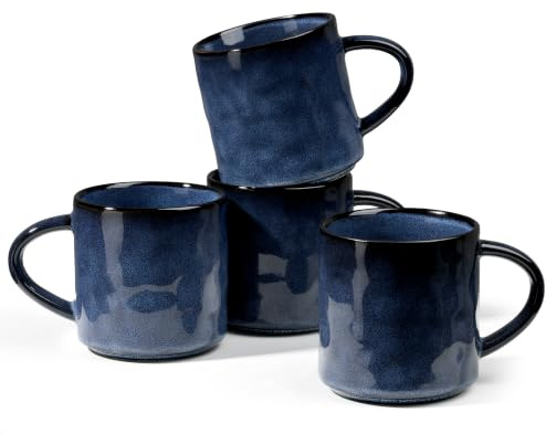 Herogo Stoneware Coffee Mug Set of 4, 400 ml Ceramic Coffee Cup with Handle | Reactive Glaze Blue Mugs, 14oz Modern Cup for Latte Cappuccino Tea Hot Milk , Microwave & Dishwasher Safe, Scratch Resistant