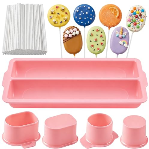 FrostyFlair Cake Pop Form, Cake Pop Maker mit Ständer, Rundes Set mit 2 Kreis-Cuttern, 22,8 cm Tablett und 100 Lollipop-Stielen für Desserts und Backen Zuhause, Pink