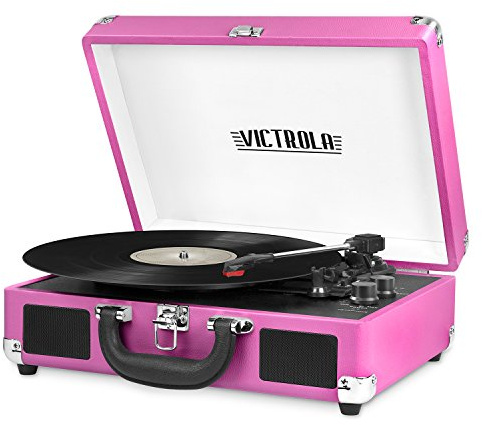 Victrola Tocadiscos Vintage de Maleta con Bluetooth de 3 velocidades con Altavoces, Color Rosa