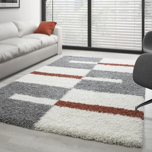 Carpettex Hochflor Teppich - Wohnzimmer Shaggy Flokati Modern Kariert Design 200 x 290 cm Terrakotta - Schlafzimmer Weich Flauschig Waschbar - Küche Esszimmer Langflor