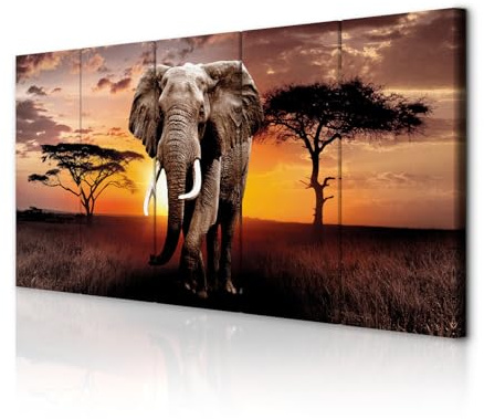 decomonkey Wandbilder Afrika Elefant Tier 225x90 cm 5 Teilig Leinwandbilder | Bild auf Leinwand, Kunstdruck, Wanddeko, Wohnzimmer, Wanddekoration, Sonnenuntergang, Landschaft, Baum, braun