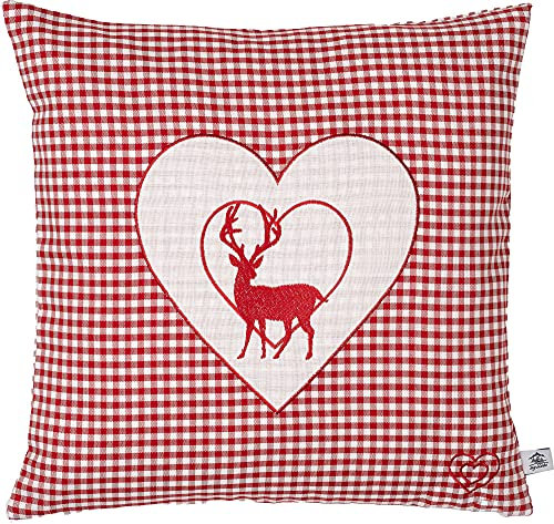 Zirbenkissen Bestickt mit Hirsch und Herz rot karriert Größe 40x40 cm befüllt mit Zirbenflocken aus Zirbenholz in extra Inlett