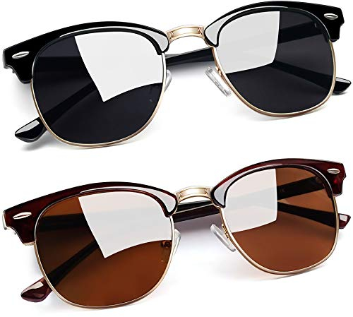 Joopin Vintage Halbrahmen Polarisierte Sonnenbrille Herren Braun Retro Sonnenbrille Damen Schwarz Set Klassische Brille (Braun und Glänzend Schwarz)