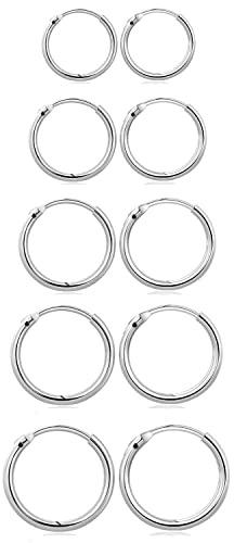Elicola Set of 5 Pairs of Hoops Earrings in 925 Sterling Plated for Women Men Small Round Mini Sleeper Cartilage Earrings 8/10/12/14/16mm