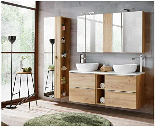 Naka24 Badmöbel Set Capri-B Eiche Gold 140 cm mit 2 Waschbecken LED Soft - Close (Waschtisch Spiegelschrank Hochschrank)