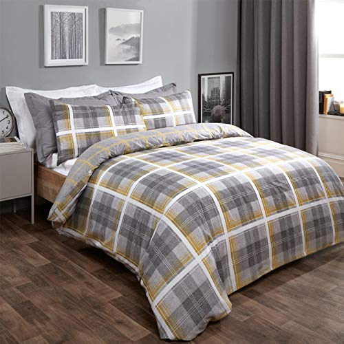 Dreamscene Parure de lit réversible en tartan avec housse de couette à carreaux en jean avec taie d'oreiller, jaune ocre, gris anthracite, 2 pièces, 1 place