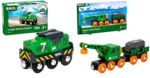 BRIO Bahn 33214 - Batterie-Frachtlok & Bahn 33698 - Grüner Kranwagen mit Anhänger und Fracht