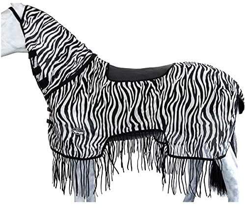 Marengos - Zebra Fliegenausreitdecke mit Fransen | Pferdedecke mit Sattelausschnitt & Halsteil | Schutz vor Insekten | feinmaschige Fliegendecke | Outdoor-Pferdedecke in Schwarz/Weiß | 135 cm