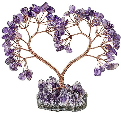 KYEYGWO Amethyst Herz Kristall Geldbaum auf Natürlichen Amethyst Drusensegment Rohstück Base, Feng Shui Bonsai Baum Stein Glückbaum Kristallbaum für Hochzeit, Haus Decor, Heilung