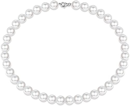 MILACOLATO Perlen Kette 925 Sterling Silber für Männer, Weiße Runde Simulierte Muschelperlen Kette, Choker Halskette für Damen und Mädchen, 6–10 mm
