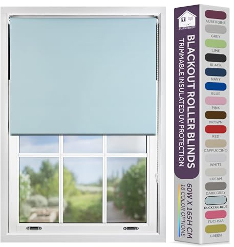 FURNISHED Blackout Roller Blind with Metal Fittings Trimmable Insulated Thermal Fabric Heavy-duty Easy Install Brackets Window Roller Blinds - Duck Egg Blue, 190W x 165H cm