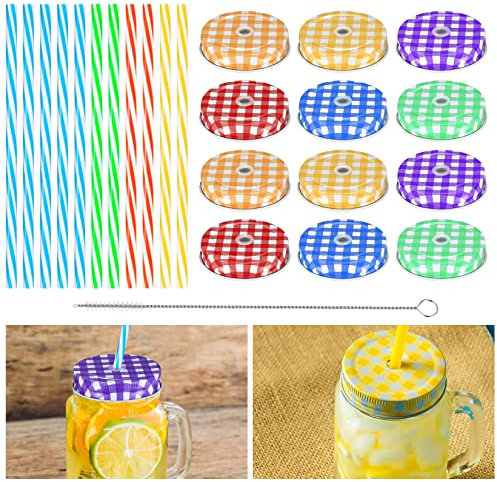 TOOINKCV 12er-Pack Mason Jar Deckel, Metall für Trinkgläser & Getränkedosen, Silikonringe mit 12 Strohhalm & Trinkhalmbürste