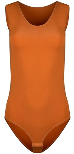 Evoni Damenbody l Damen Overall Bodysuit mit Rundhals l breite Träger l Verschluß-Haken l Unterzieh-Body mit optimaler Passform l sportlicher Damen-Body XL Zimt