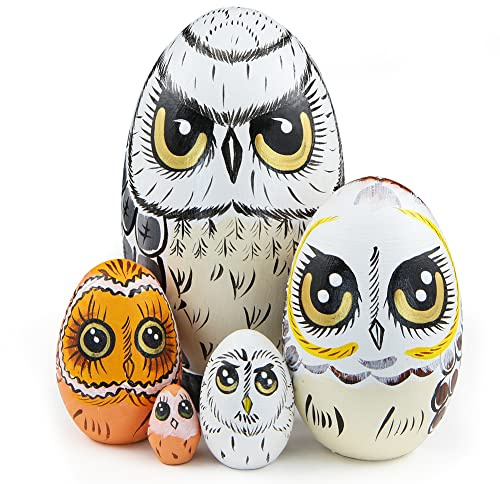 Boerni Set of 5 Cartoon Owl Animal Theme Wooden Russian Nesting Doll,Egg Shape Handmade Matryoshka Doll Wooden Stacking Doll Ornaments for Kids Student Birthday Christmas New Year Home Decoration