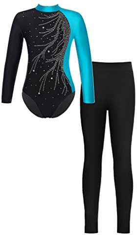 Freebily Kinder Mädchen Turnanzug Langarm Gymnastikbody Ballett Leotard Bodysuit Sport Leggings Tanz Strumphose Set Wettkampf Tanzkleidung N_Grün&Schwarz 134-140/9-10 Jahre