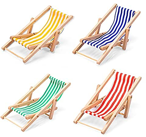 VIONNPPT 4Pcs 1:12 Puppenhaus Miniatur Möbel Zubehör Faltbarer hölzerner Strandkorb, Mini Longue Liegestuhl Ornament Kits für DIY Märchen Garten Dekoration