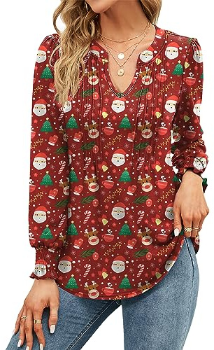 EFFAN Gifts for Women Ladies Christmas Tops Long Sleeve Xmas Party Elegant Floaty Floral Printed Tunic Blouse, Santa Red L (UK 16-18)