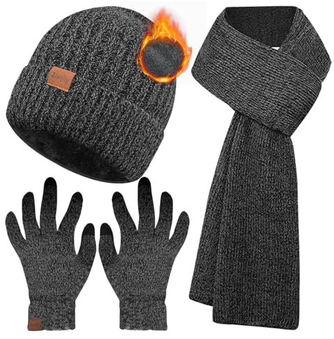 Ziwijity Schal Mütze und Touchscreen Handschuhe Set Für Herren Damen，Winter 3 In 1 Mütze Schal Handschuh Beanie Strickmütze Langer Schal Verdickte Und Weiche Wolle