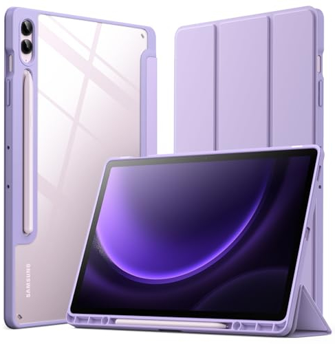 JETech Case for Samsung Galaxy Tab S9 FE+ / S9 FE Plus 12.4-Inch with S Pen Holder, Clear Transparent Hard PC Back, Protective Tri-Fold Stand Tablet Cover, Auto Wake/Sleep (Light Purple)