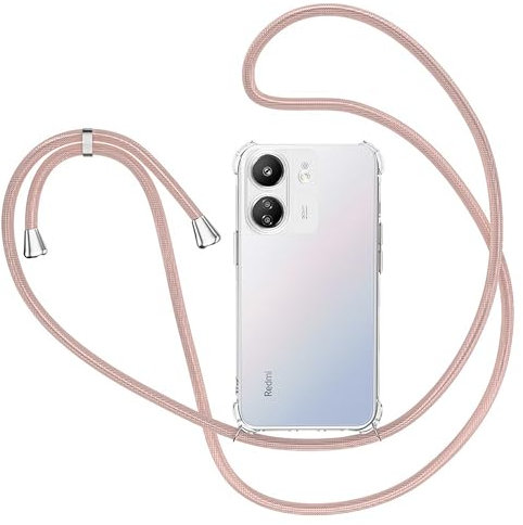 XTCASE Cover con Cordino per Xiaomi Redmi 13C / Xiaomi Poco C65, Custodia Trasparente con Collana Tracolla Laccio Collo Ultra Sottile Morbido TPU Silicone Antiurto AntiGraffio Case, Oro Rosa