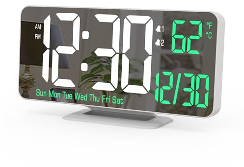 KOSUMOSU Alarm Clock for Bedroom, 6.7 Led Desk Digital Clock,Mirror Clock,Dual Alarm Clock for Living Room with Seconds,Date,Week,12/24h,Dimming,Temp