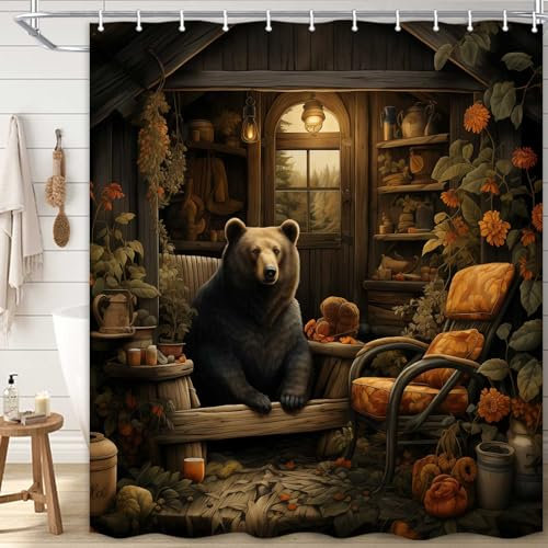 Boziqr Rustikaler Duschvorhang im Landhausstil, Landhausstil, Bär Dekor, Vintage-Badezimmer-Vorhänge mit Haken, Set, Retro, Camping, wasserdichter Stoff, Badezimmerzubehör, 178 x 178 cm