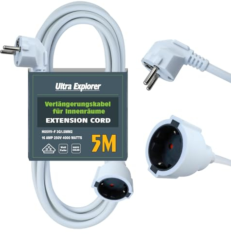 Ultra Explorer IP44 Verlängerungskabel 5 Meter - PVC Stomkabel für den Innenbereich - Gegen Überhitzung Steckdose H05VV-F 3G1.5mm² - 16A 250V - Weiß