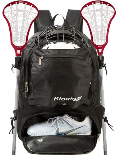 Kioqiear Lacrosse Bag, Extra Large Sports Lacrosse Backpack Bag for All Lacrosse or Field Hockey Equipment - Two Stick Holders and Separate Cleats Shoe Compartment. (Black)