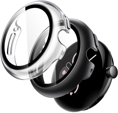 JETech Hülle mit Schutzfolie für Google Pixel Watch 3/2/1 41mm, Eingebaut 9H Gehärteter Glas Displayschutz Harte PC Stoßfänger Schutzhülle, 2 Stück (Schwarz/Durchsichtig)
