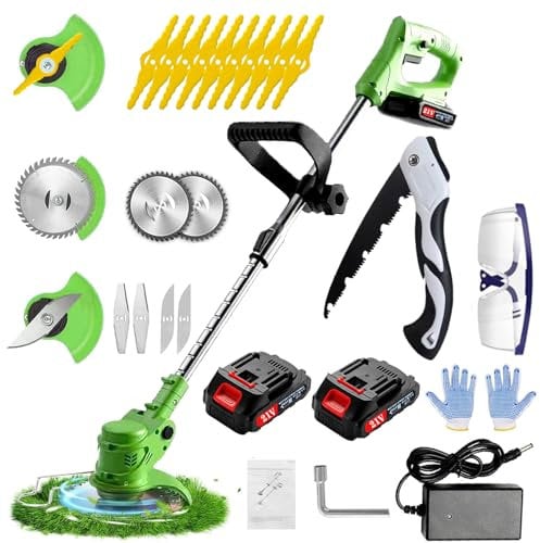 Decespugliatore a Batteria,21V 2000mAh Tagliabordi Elettrico, Con Lama in Metallo3 in 1Tagliabordi a batteria ,Maniglia a scomparsa e rotazione della testa di 90°,Adatto per prati, giardini e campi