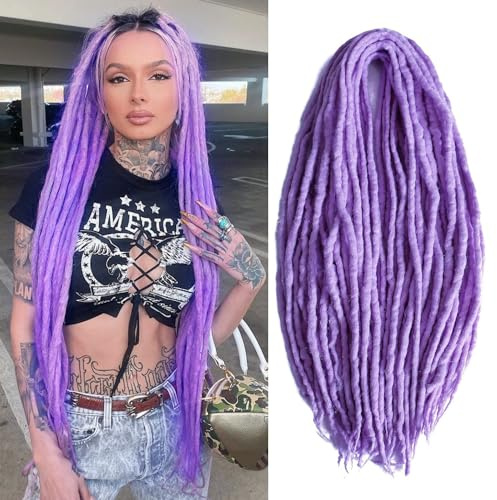 Lavender Purple Dreadlock Extensions 22Inches Wool Hippie Single Double Ended Dreads Extensions DE Ends 15 Strands Handmade Locs Extensions Reggae Style Crochet Hair for Women