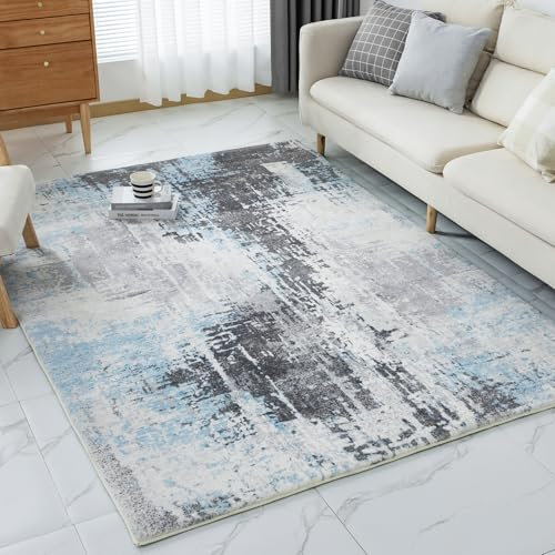 VK·living Teppich Wohnzimmer - Waschbar Teppich 160X230CM Schlafzimmer Groß Teppich Moderne Abstract Verwischt Mittlerer Stapel Dicher Teppich Anti-Rutsch Teppich hellblau