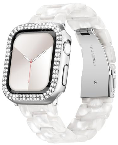 BINLUN Cinturino Compatibile con Apple Watch 40mm 41mm 44mm 45mm Cinturini con Custodia Protettiva in Resina Compatibile con iWatch Serie 9/8/7/SE2/SE/6/5/4 Donna con Cover Bling, 45mm, Bianco Perla