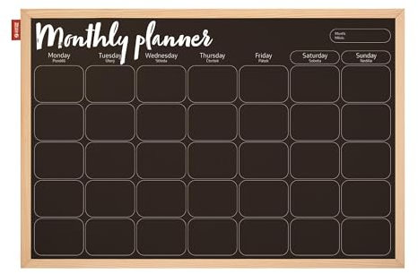 Memobe - Kreidetafel Magnetisch Schwarz - Monatsplaner - in Rahmen aus Holz - Tafel für Wohnung, Küche, Büro, Schule - Wandplaner - Schreibtafel - Organisationstafel Wand - 60x40 cm