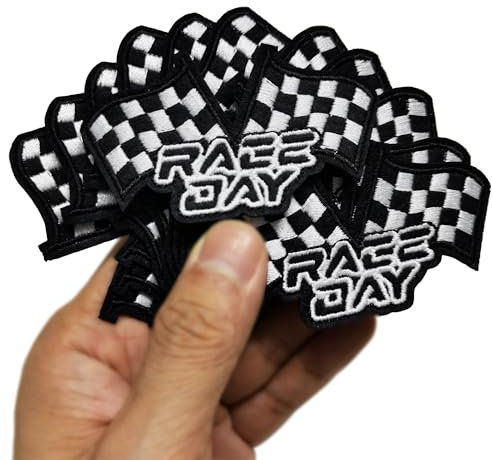 FSFYXHC Set 12pcs Black and White Race Day Racing Day Race Car Checkered Flag Iron On Embroidered Patches Appliques Embroidery Jacket Denim Jeans Shirt Trucker Hat Cap Patch Birthday Crafts 2.9x1.7