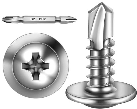300 Stück Blechschrauben 4,8 x 16 mm Selbstschneidende Schrauben Edelstahl Flachkopf mit Scheibe und Kreuzschlitz Schraubendreher Bit