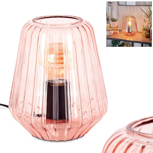 HOFSTEIN Tischleuchte Telhais, Tischlampe aus Metall/Glas in Schwarz/Rosa, Leuchte im modernen Vintage/Retro-Design mit Schirm aus Glas (Ø 17cm) u. An/-Auschalter am Kabel, 1 x E27, ohne Leuchtmittel