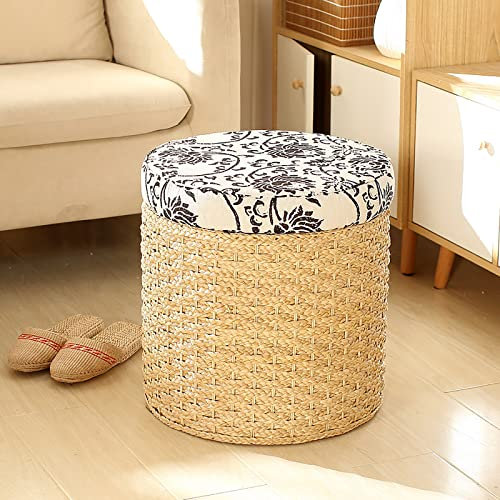 Handgeflochtene Truhe aus Korbgeflecht, Aufbewahrungshocker aus natürlichem Rattan, Ottomane im Landhausstil mit Aufbewahrungsorganisator für Wohnzimmer, Schlafzimmer, Bank-Natur d 40 x 40 x