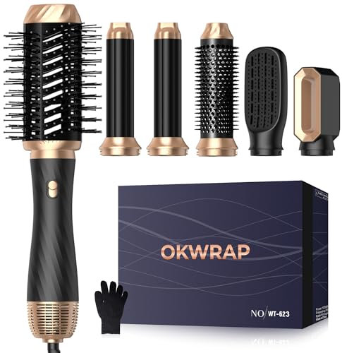 OKWRAP Hair Styler, Airstyler set 6 In 1 Mit Rundbürstenföhn, Haarstyler,Warmluftbürste, Thermal Brush,Airflow Lockenstab Automatisch, Volumen Föhnbürste,Für Glätten, Trocknen, Volumen, Locken