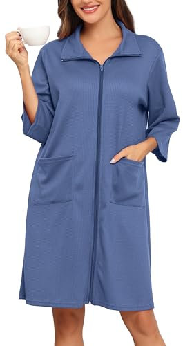 Lovasy Bademantel Waffelpique Damen mit Reissverschluss 3/4 Ärmel Waffelstrick Leichter Morgenmantel Knielang mit Taschen,Blau,L