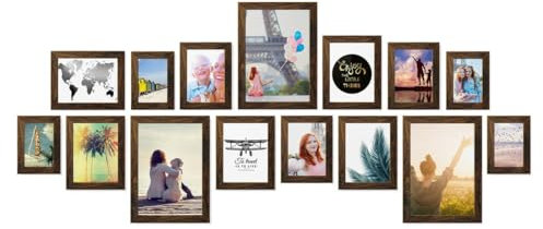 PHOTOLINI dunkle Eiche Bilderrahmen Set Holz MDF, Fotorahmen Set, 15er Bilderrahmenset Wand Collage, photo frames for wall mit Acrylglas aufhängen, Bilderrahmen Set verschiedene Größen mit Zubehör