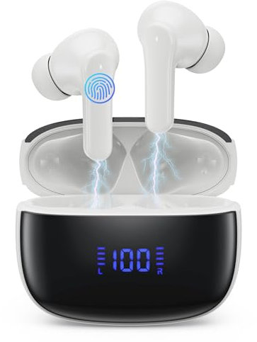 Auriculares Inalámbricos Bluetooth 5.3, 2024 HiFi Estéreo Con 4 ENC Cancelación Ruido, 50H, Dual LED Pantalla, IP7 Cascos Deportivos in Ear - Blanco